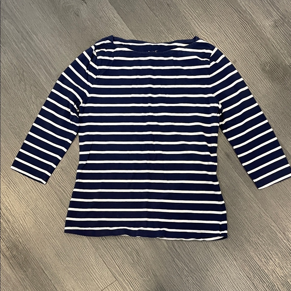 a new day M Navy and White Striped 3/4 Sleeve Top boatneck